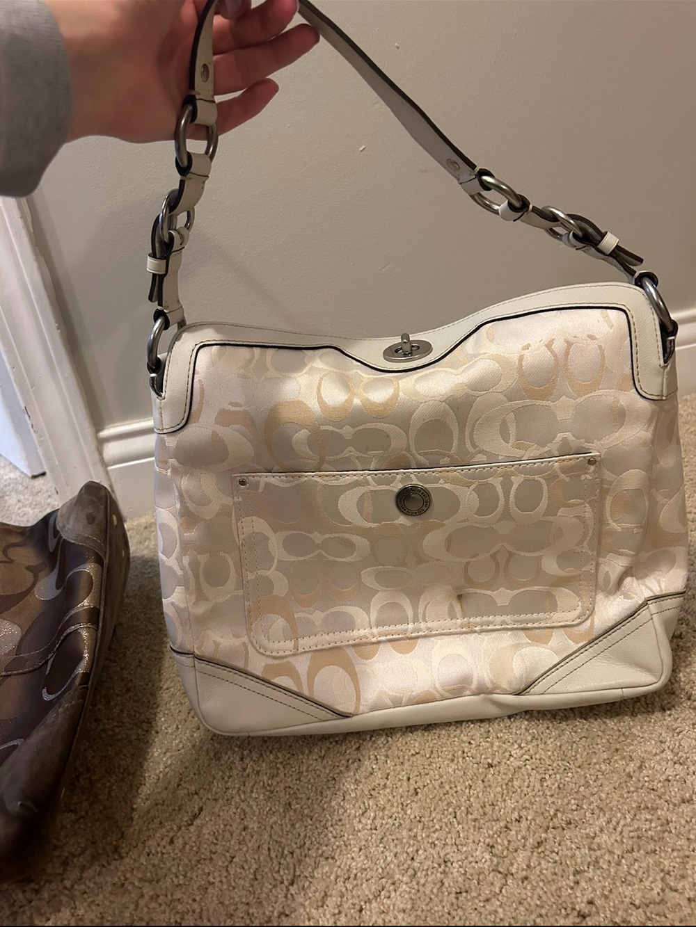 Vintage Coach 2010 Cream Signature-Print Shoulder Bag -